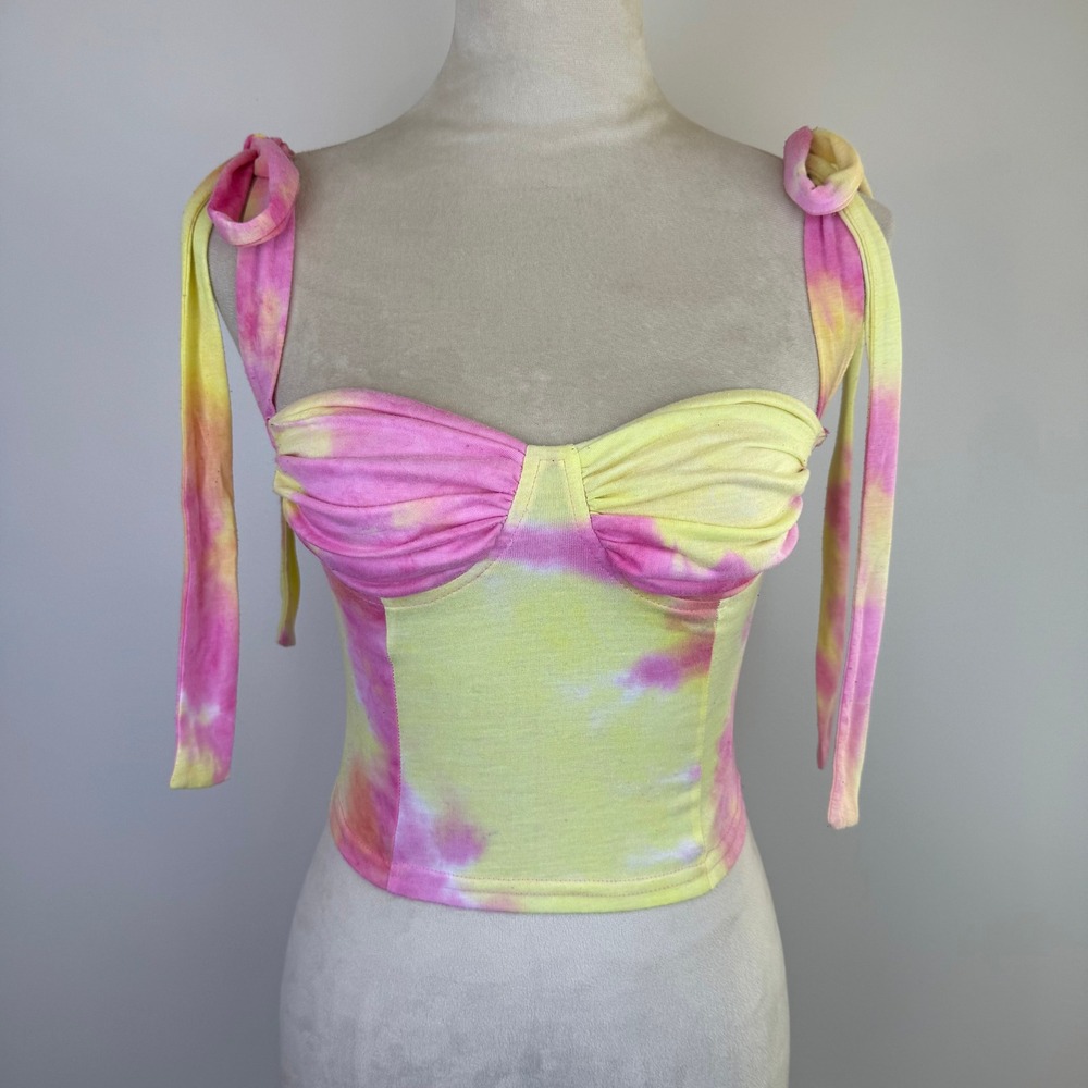 Rumours Cute Pink Yellow Tie Dye Bustier Crop Top Tie Shoulder Size Small